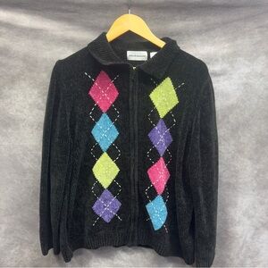 Alfred Dunner Women’s Zip Front Argyle Cardigan Black Size XL